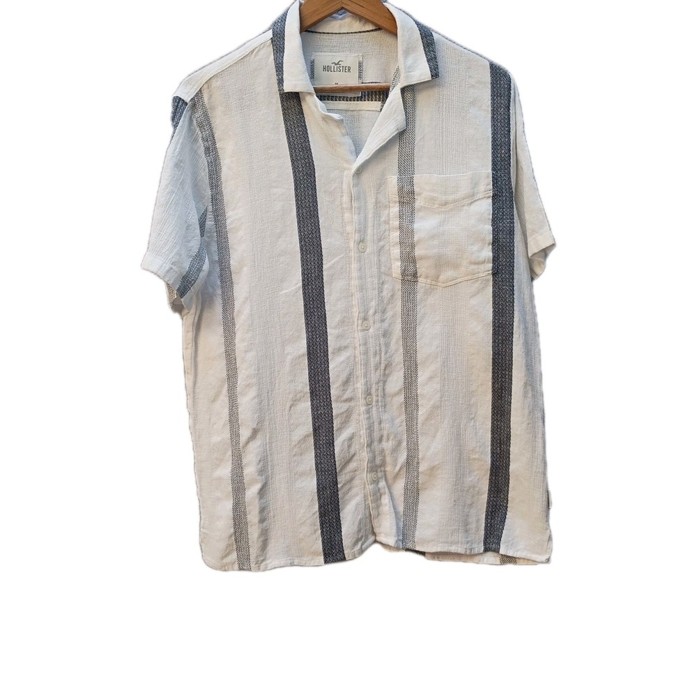 Hollister Striped Cotton Linen Camp Cabana Shirt Mens M Blue White Vacation
